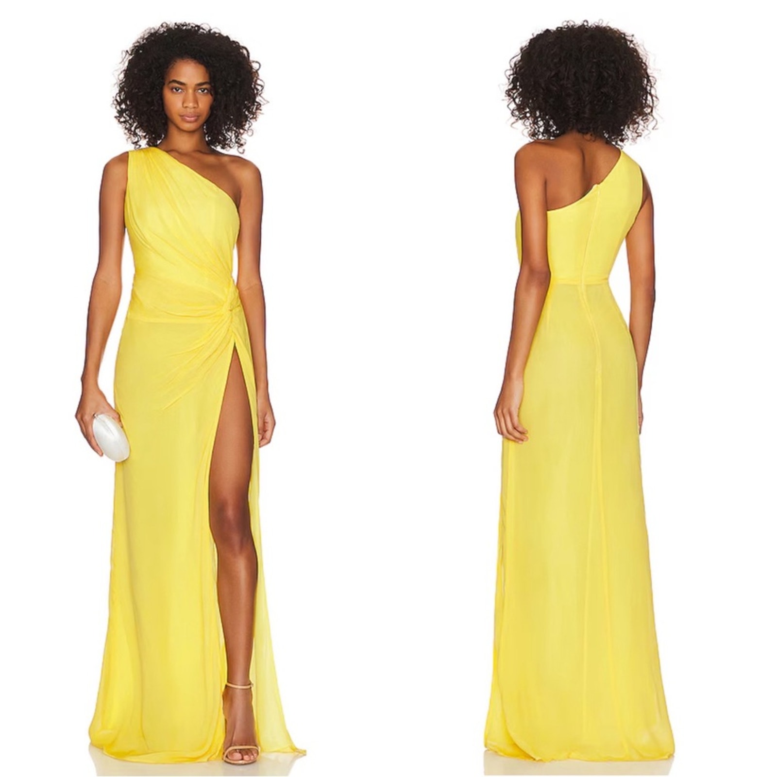 Sau Lee Helene Canary Yellow One Shoulder Ruched Draped Maxi Dress Size 6