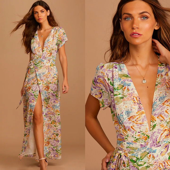 NWOT LULUS Feels Magical Ivory Floral Print Short Sleeve Wrap Maxi Dress Small