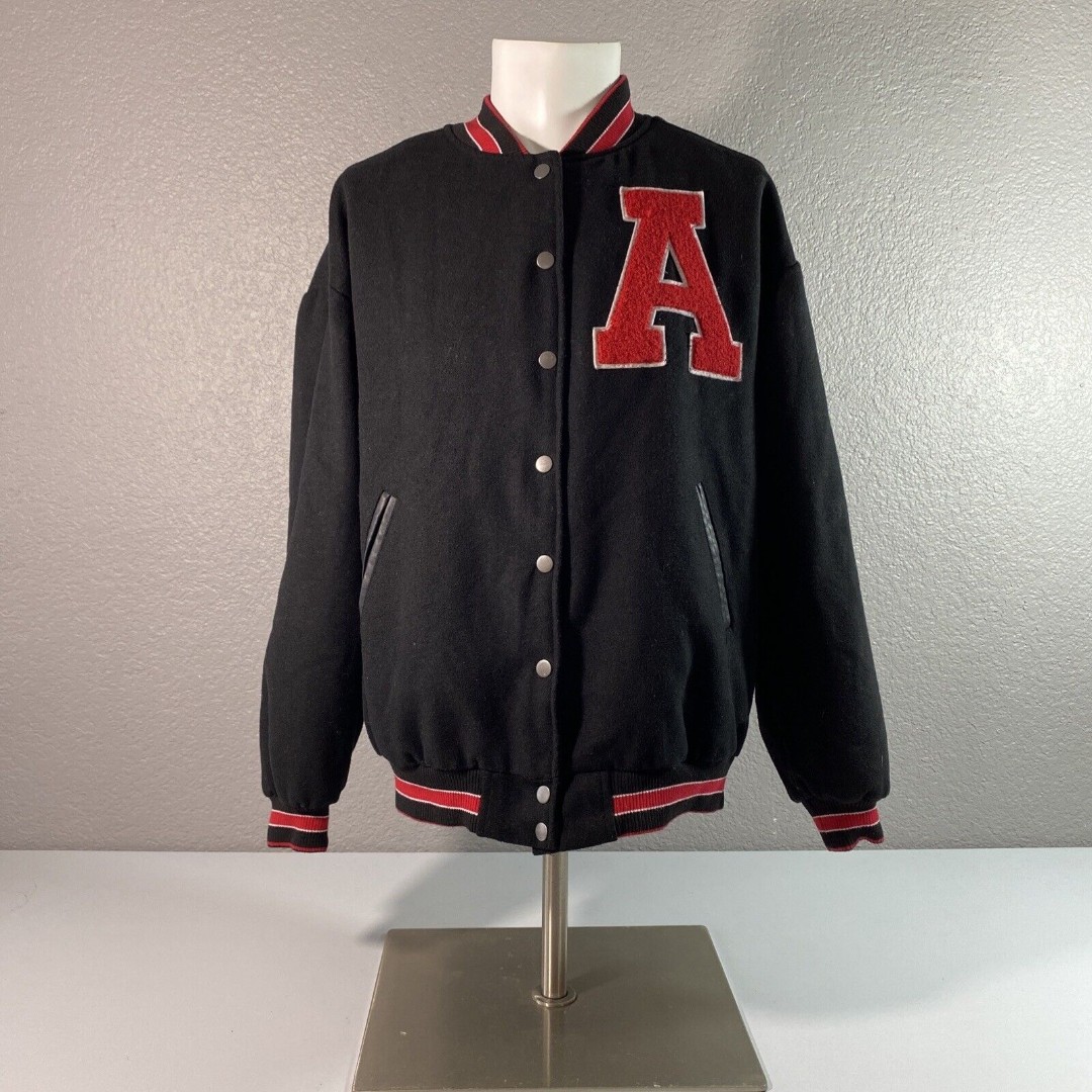 RSQ Varsity Jacket Men Small Polyester Wool Black Embroidered Lined Snaps NWOT