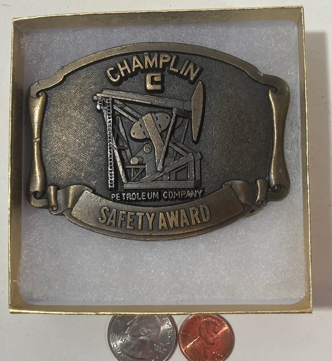 Vintage Metal Belt Buckle, Brass, Champlin Petroleum Company, Oil, Energy, Nice