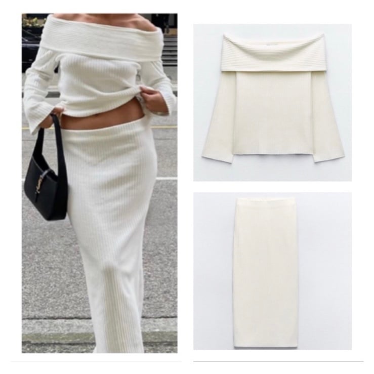NWT Zara white brushed ribbed skirt and shirt set
