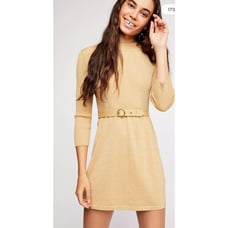 Free People French Girl Gold Metallic Mini Sweater Dress - L