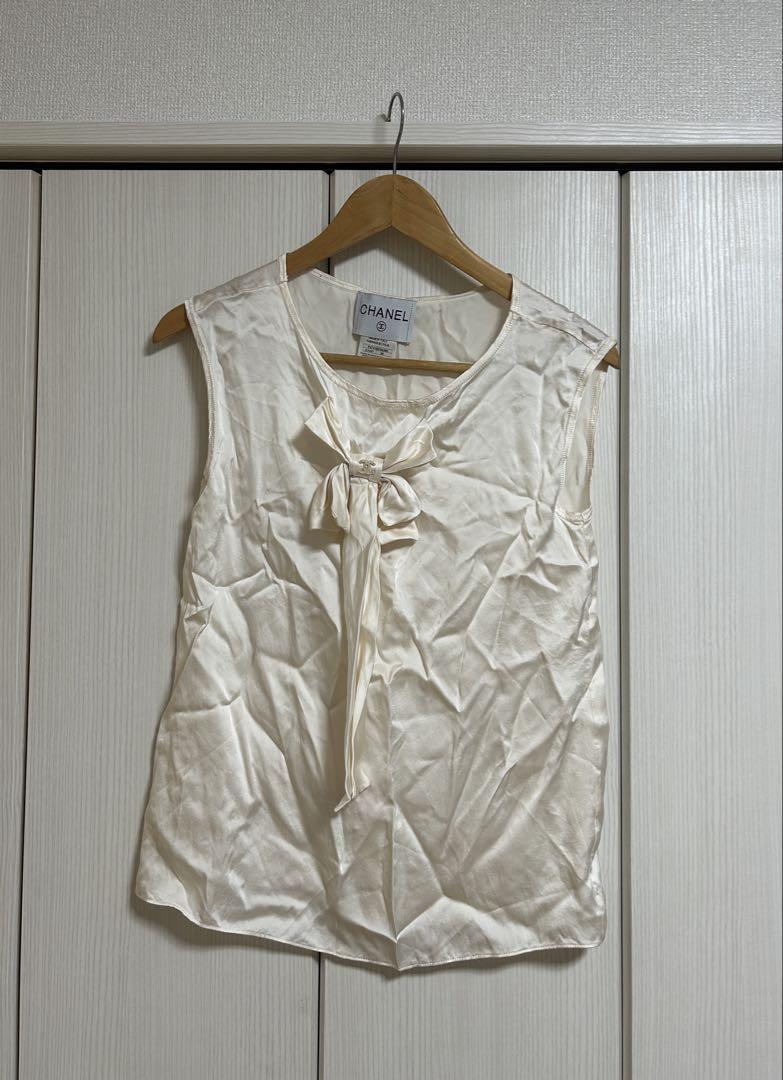 CHANEL Chanel CC Ribbon Silk Blouse Sleeveless Ivory