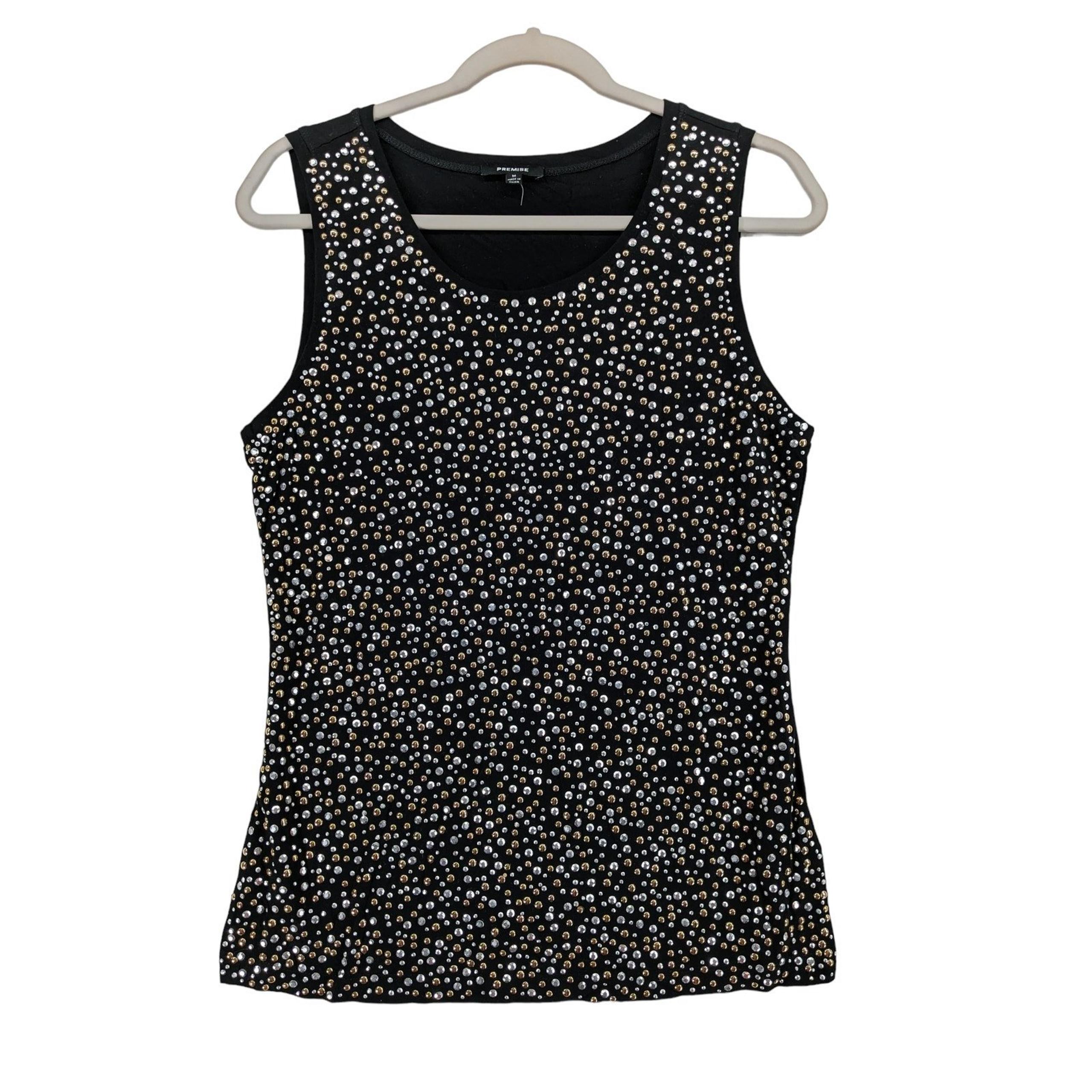 Premise Studded Blouse Medium Black Gold Silver Accent Sleeveless Nailheads Tank