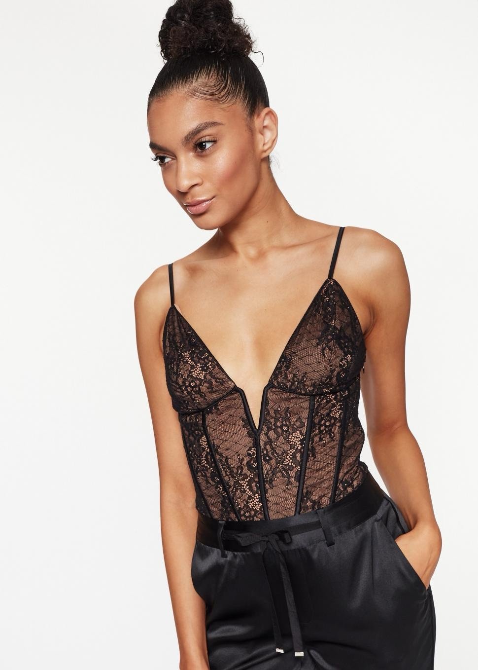 Cami NYC Eve Lace Black Corset Silk Bodysuit Top Small