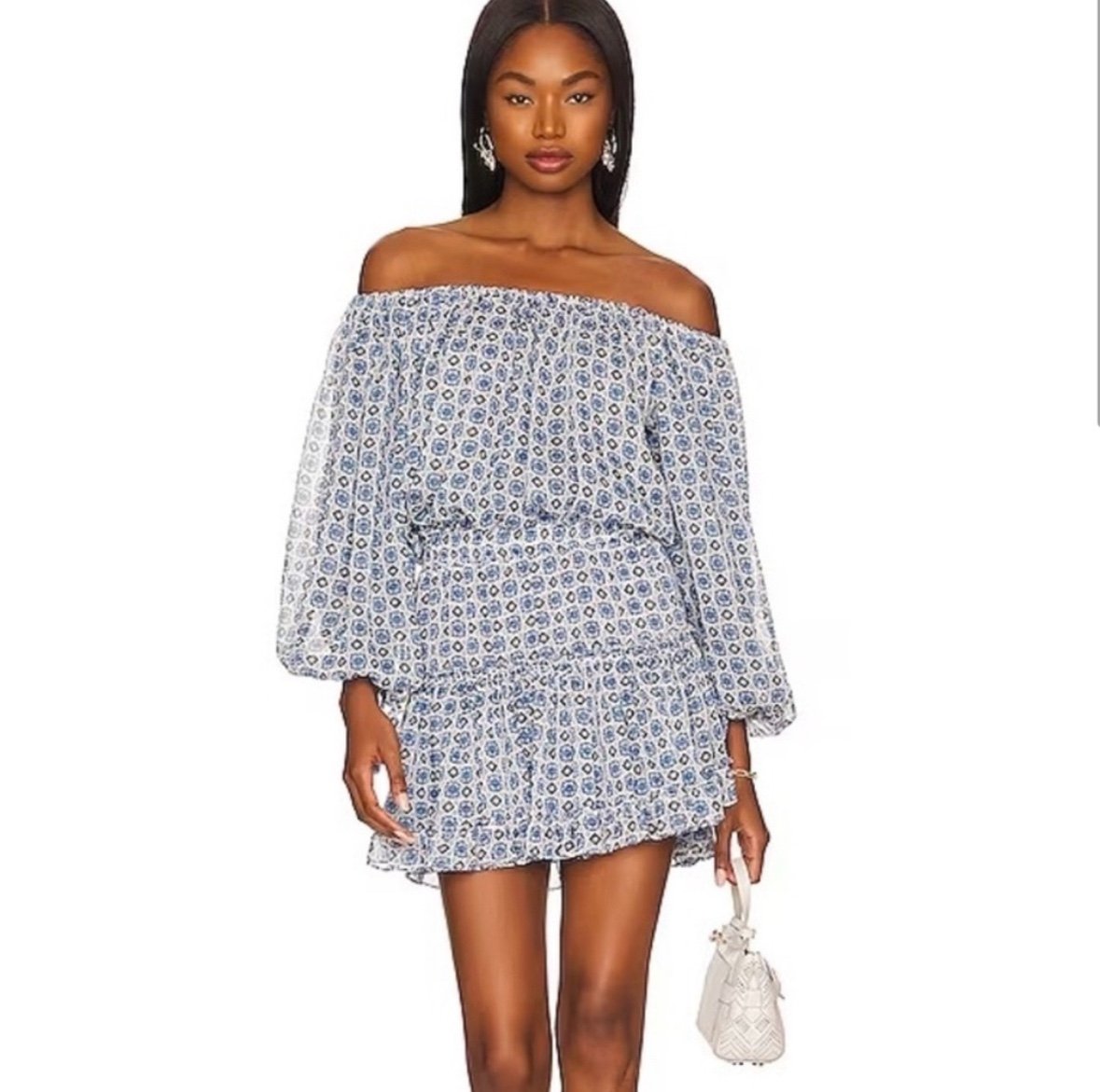 Misa Los Angeles Zonia Off Shoulder Chiffon Mini Dress Blue & White Pattern XS