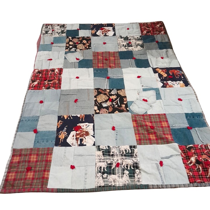 Handmade 24.5 x 52.5 Cabincore Cowboy Western Denim Hunting Dogs Cozy Quilt