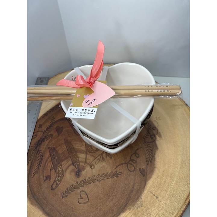 Rae Dunn Artisan Collection Heart Shaped Ceramic Bowl Set With Bamboo Chopsticks