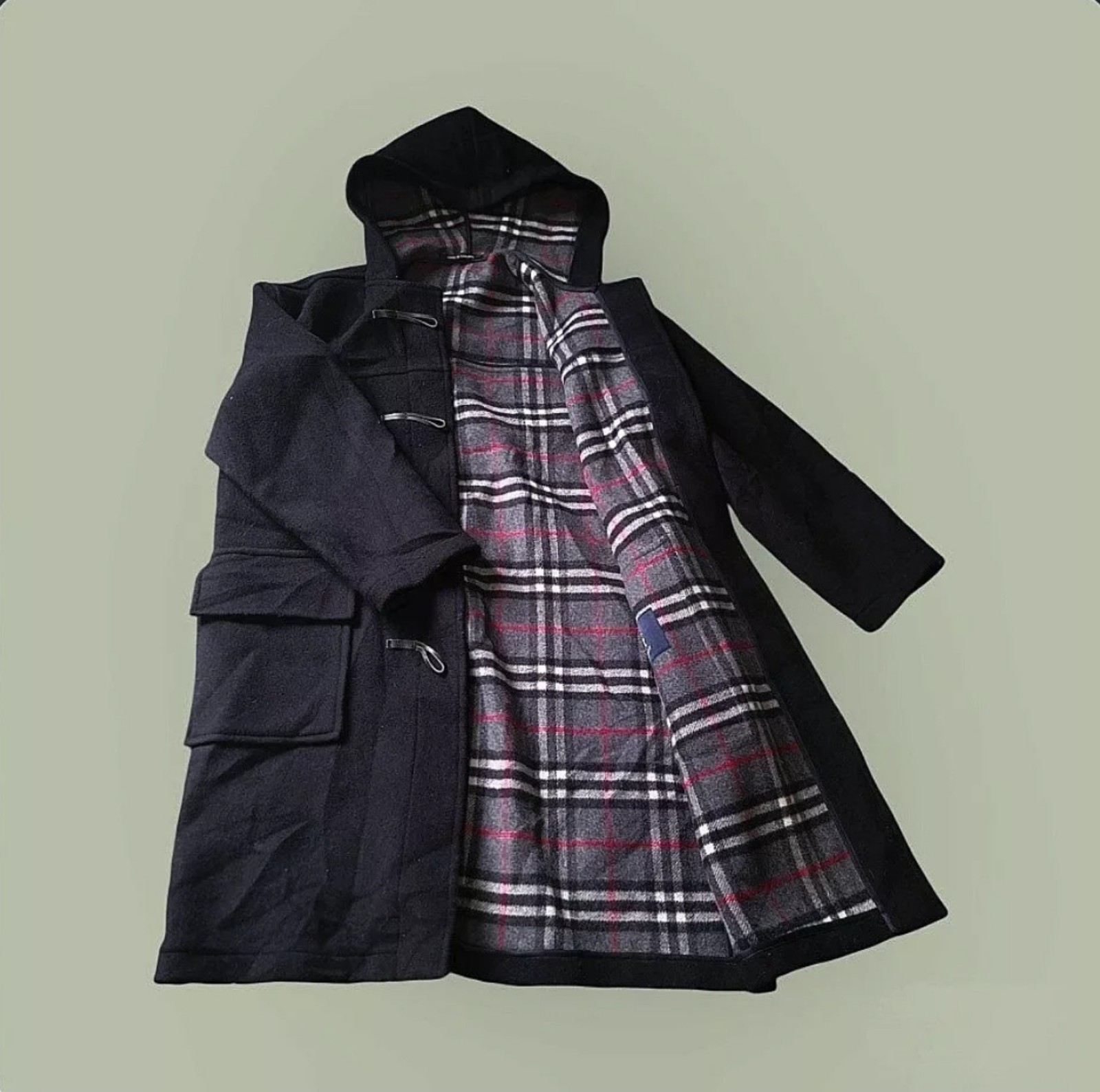 Burberry London Duffle Coat Mens Small Gray Wool Hooded Toggle Peacoat Y2K