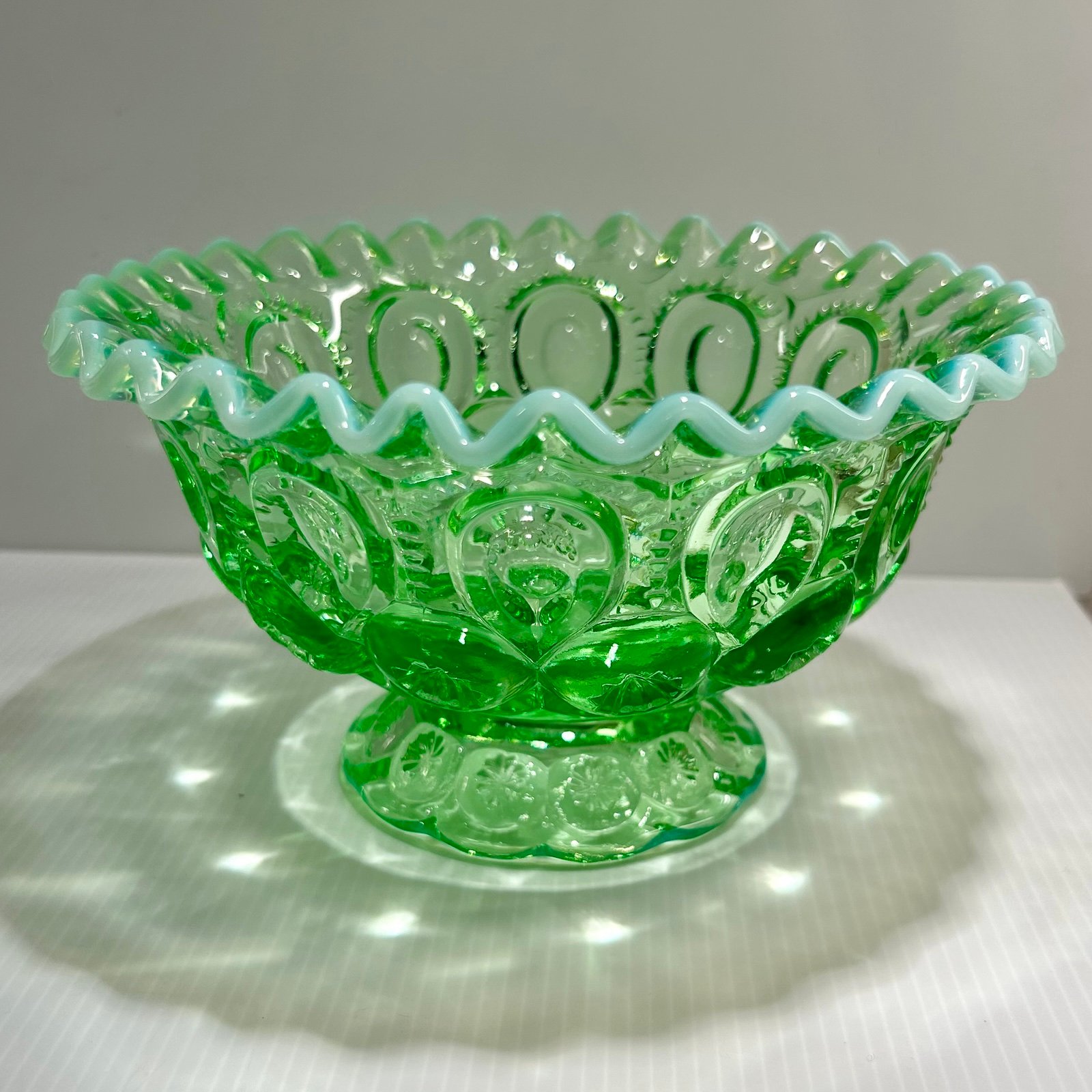 L.E. Smith Mint Green Opalescent Glass Moon & Star Compote Bowl, Crimped Edge