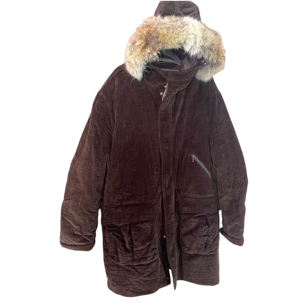 Cole Haan Country Brown Corduroy Thermal Insulated Parka with Fur Leather Trim L