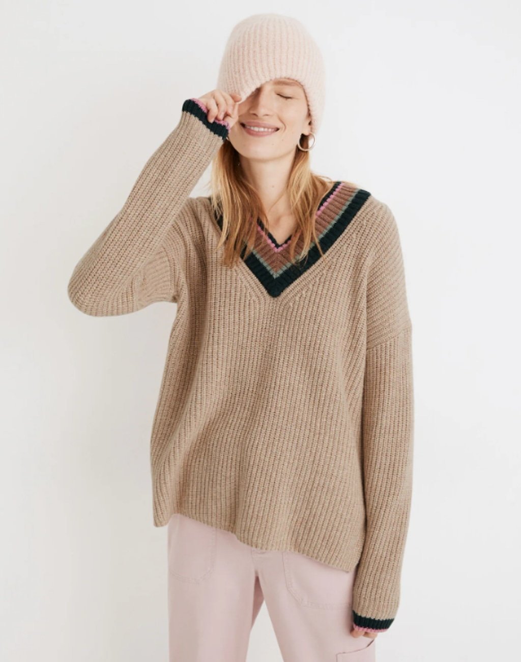 Madewell Women's Beige XXS Wool Tipped Forrest Striped V-Neck Pullover Sweater