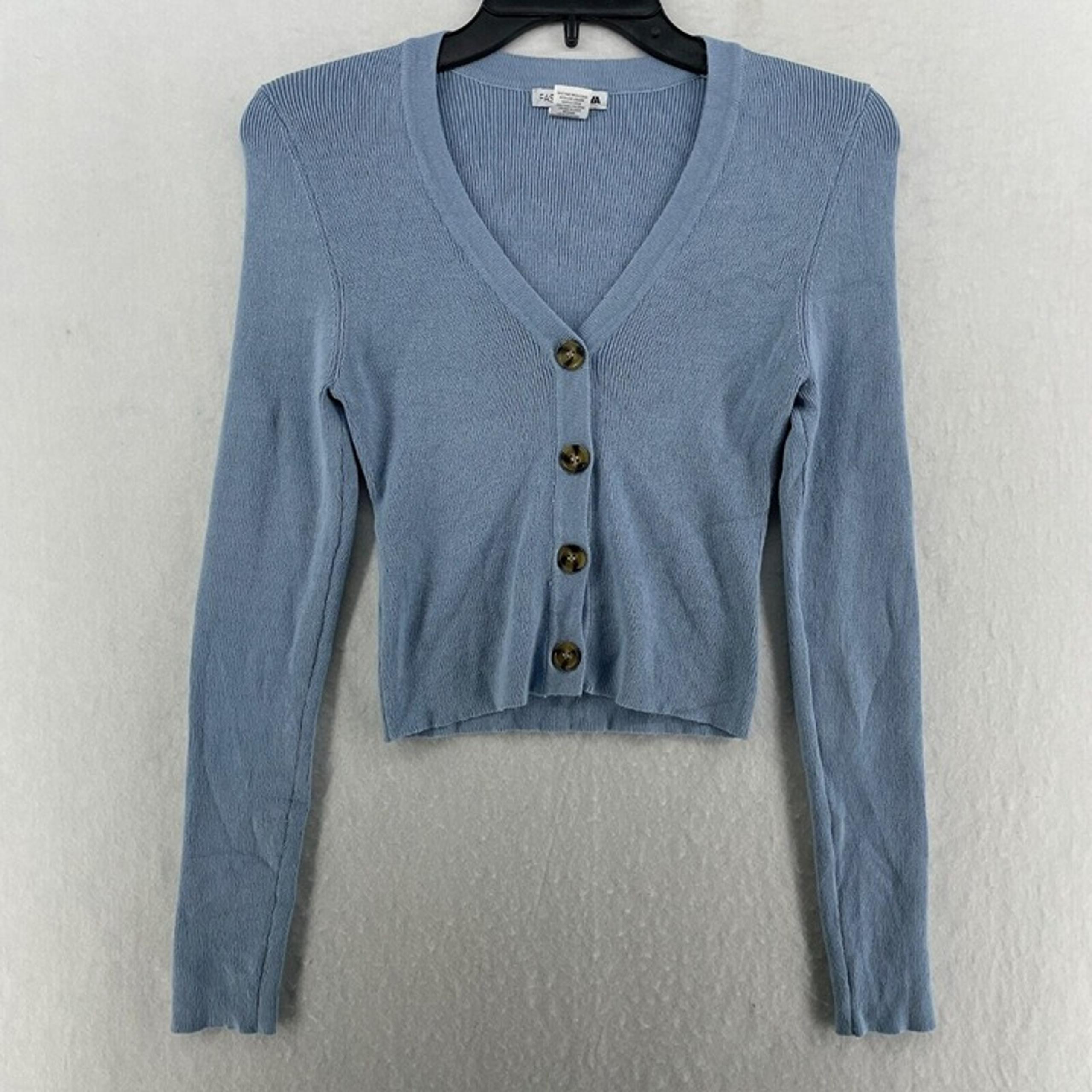 Fashion Nova Cardigan Women's Sz L Blue Knitted Button-Up V-Neck Cropped