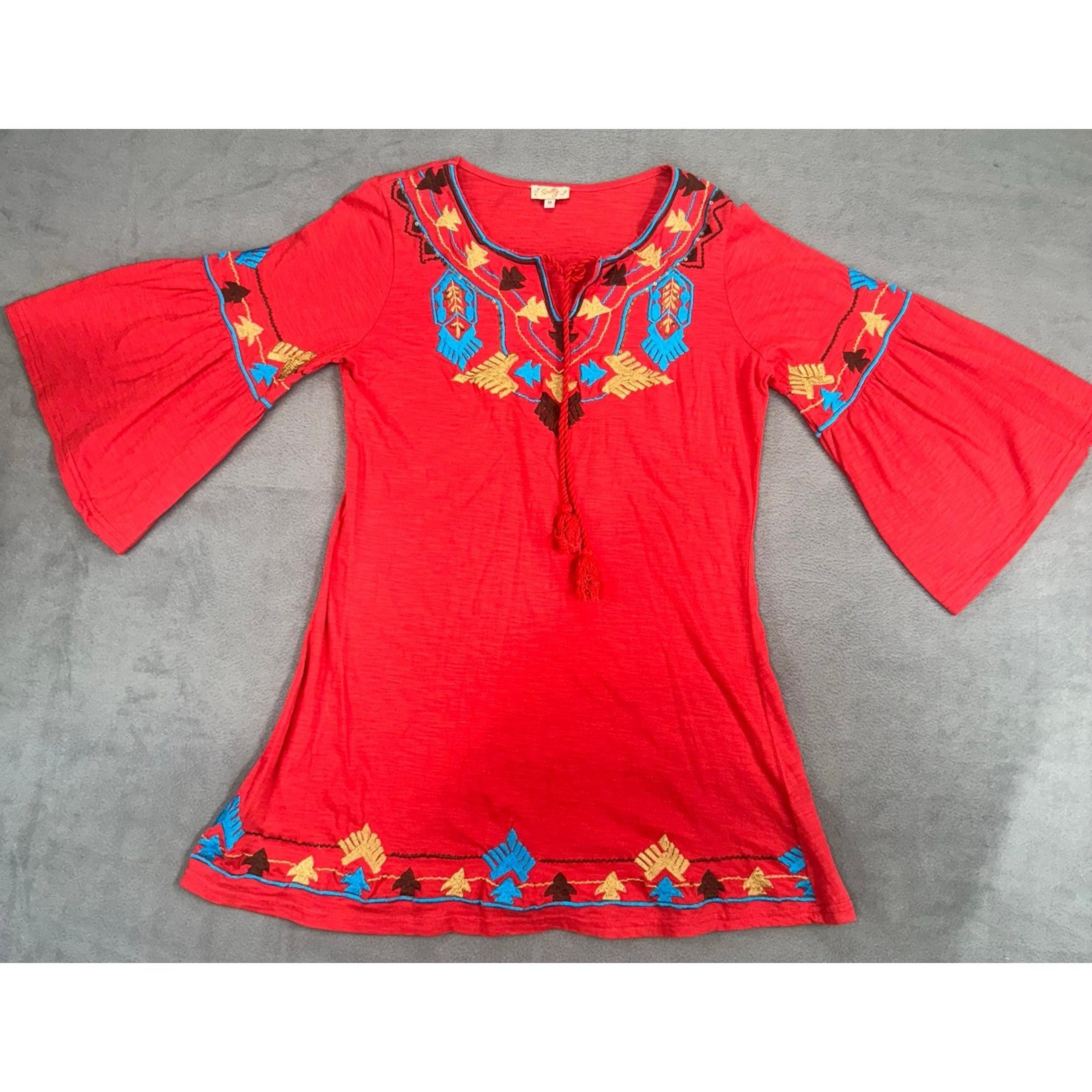 Scully Womens Dress Medium Red Southwestern Tie Neck Embroidery 3/4 Bell Sleeve