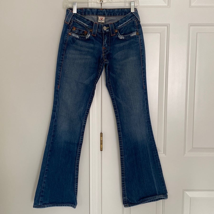 True Religion - Medium Blue Wash Low Rise Slight Distressed Flared Out Jeans