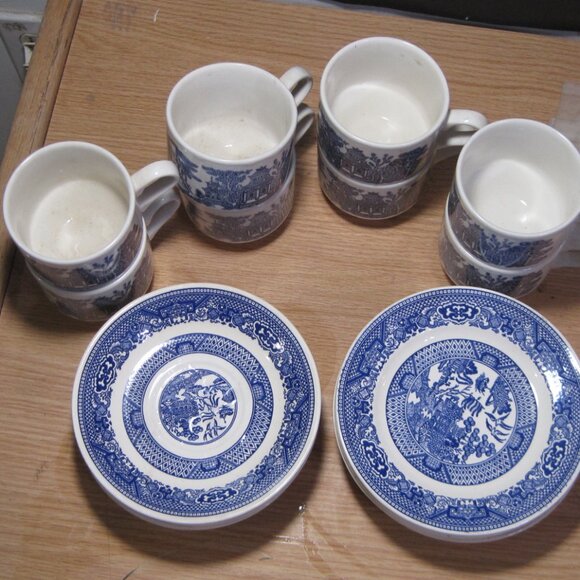 20 Antique Blue Willow Dishes 8 Cups England 6 Saucers and 6 Bread Plates.