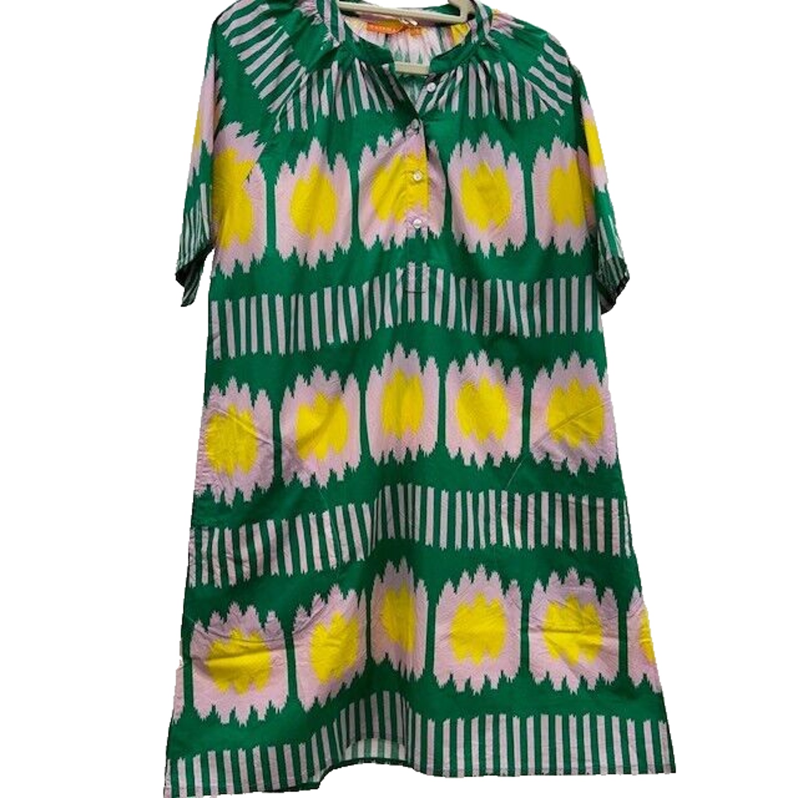 Oliphant Mini Dress Poplin Cotton Short Sleeves Pockets Ikat Print Green M NWT