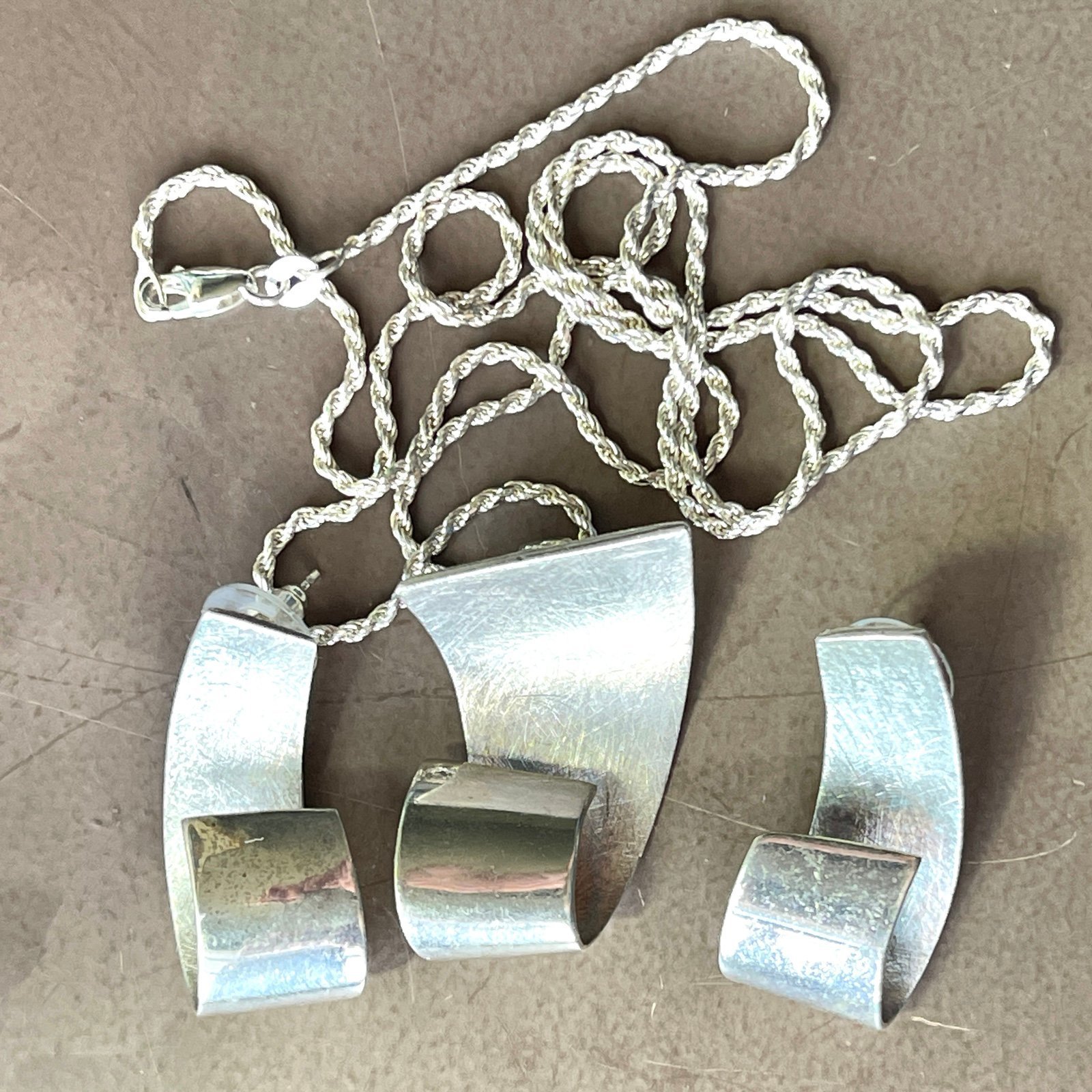Vintage Modernist Sterling Silver Abstract Minimalist Necklace & Earrings
