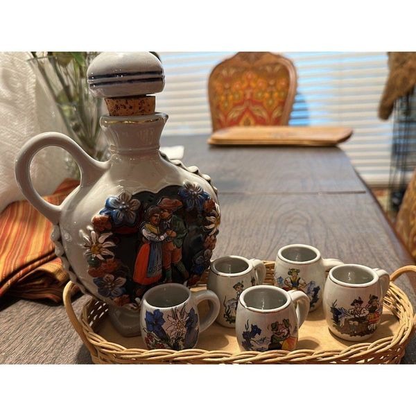 Vintage Ceramic Decanter Made in Germany with mini mugs on a trey