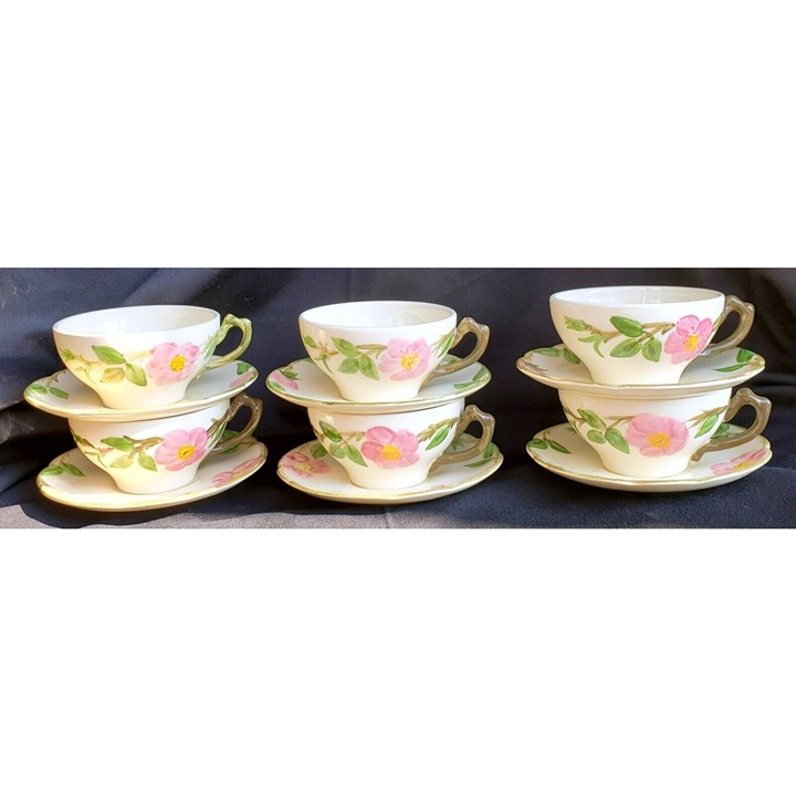 Franciscan DESERT ROSE 6 Flat Tea CUPS & SAUCERS made in USA Vintage