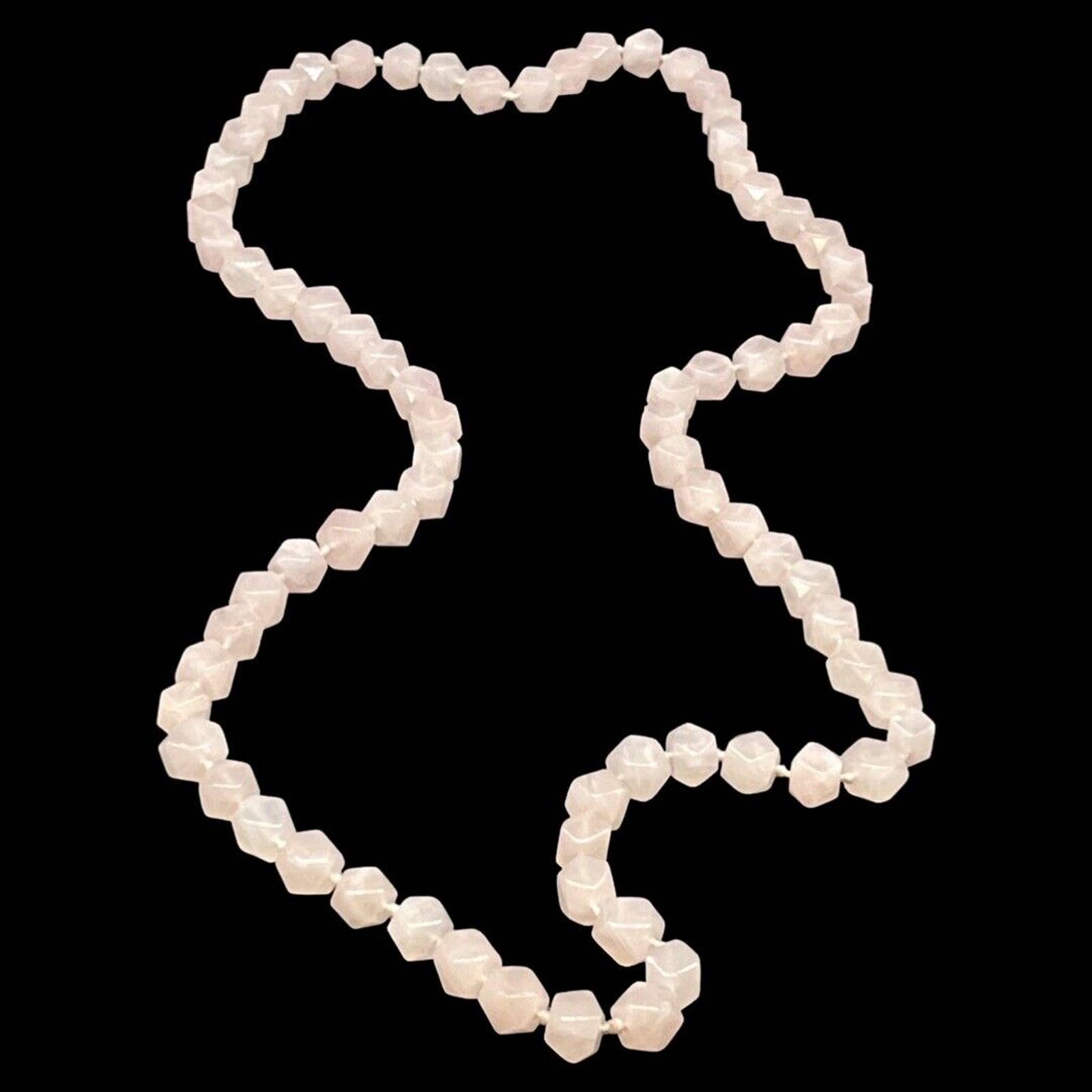 Vintage Pink Rose Quartz Hexagon Knotted Bead Necklace 34 Long