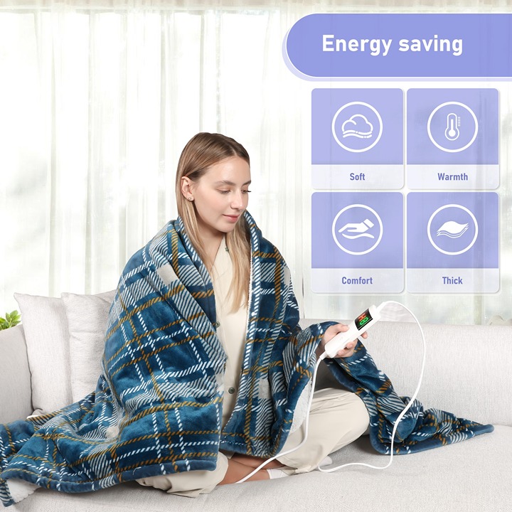 Luxurious Hand-controlled Electric Blanket For Quick Heating Blue Plaid, 50 x62