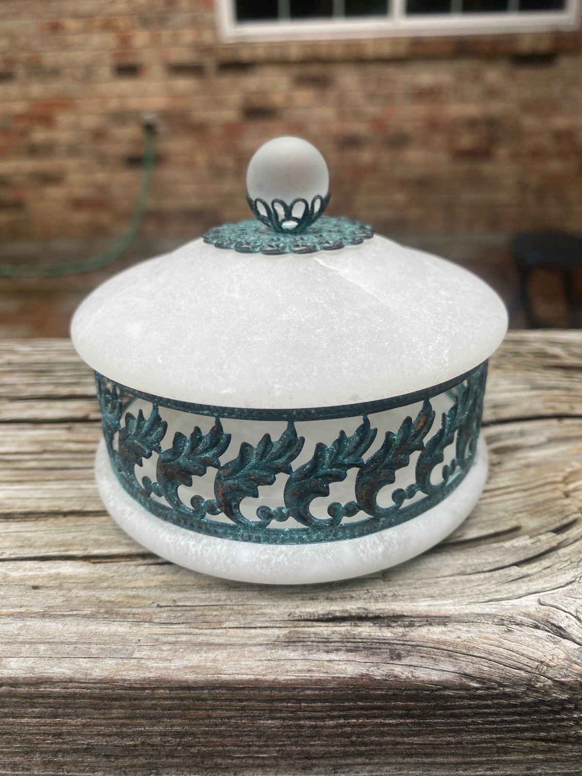 VTG Bavoni White Alabaster & Copper Trinket Jewelry Box Tealight Artisan ITALY
