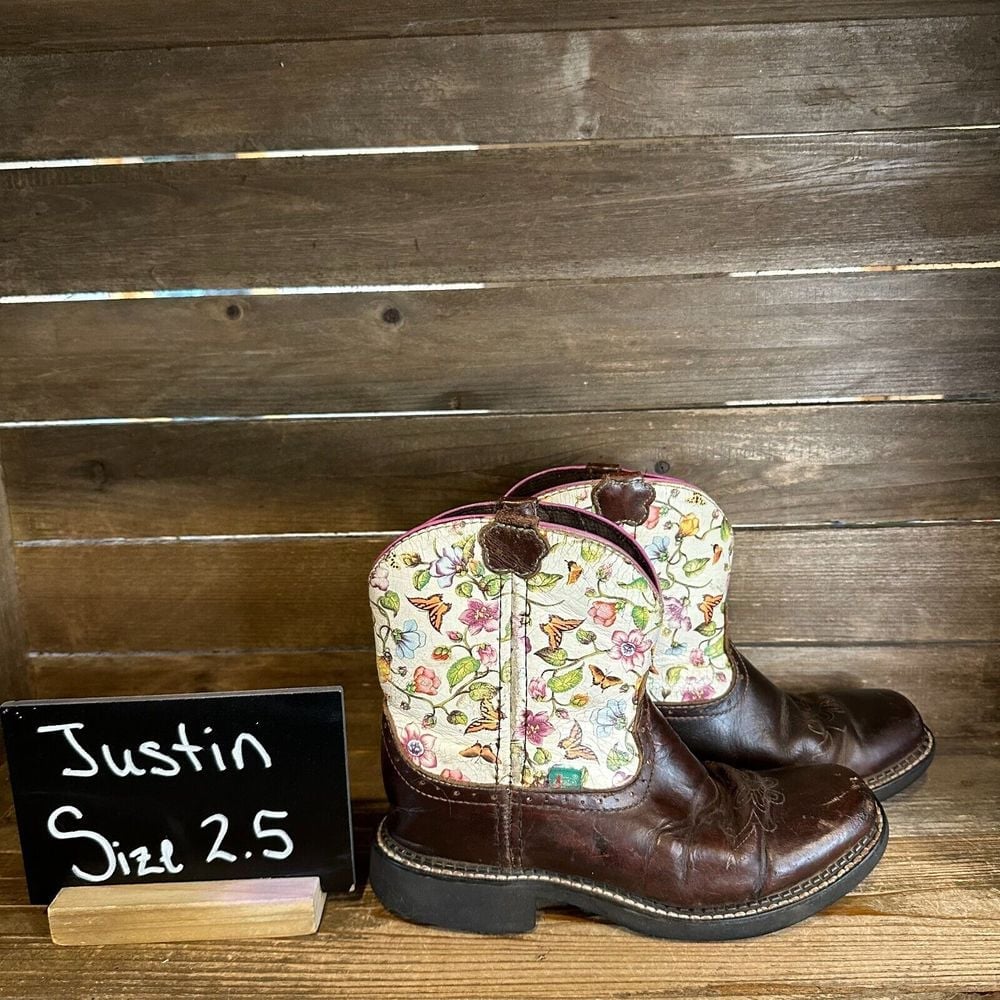 Kids Justin Gypsy Brown Leather Floral Western Cow Girl Boots Size 2.5 Y
