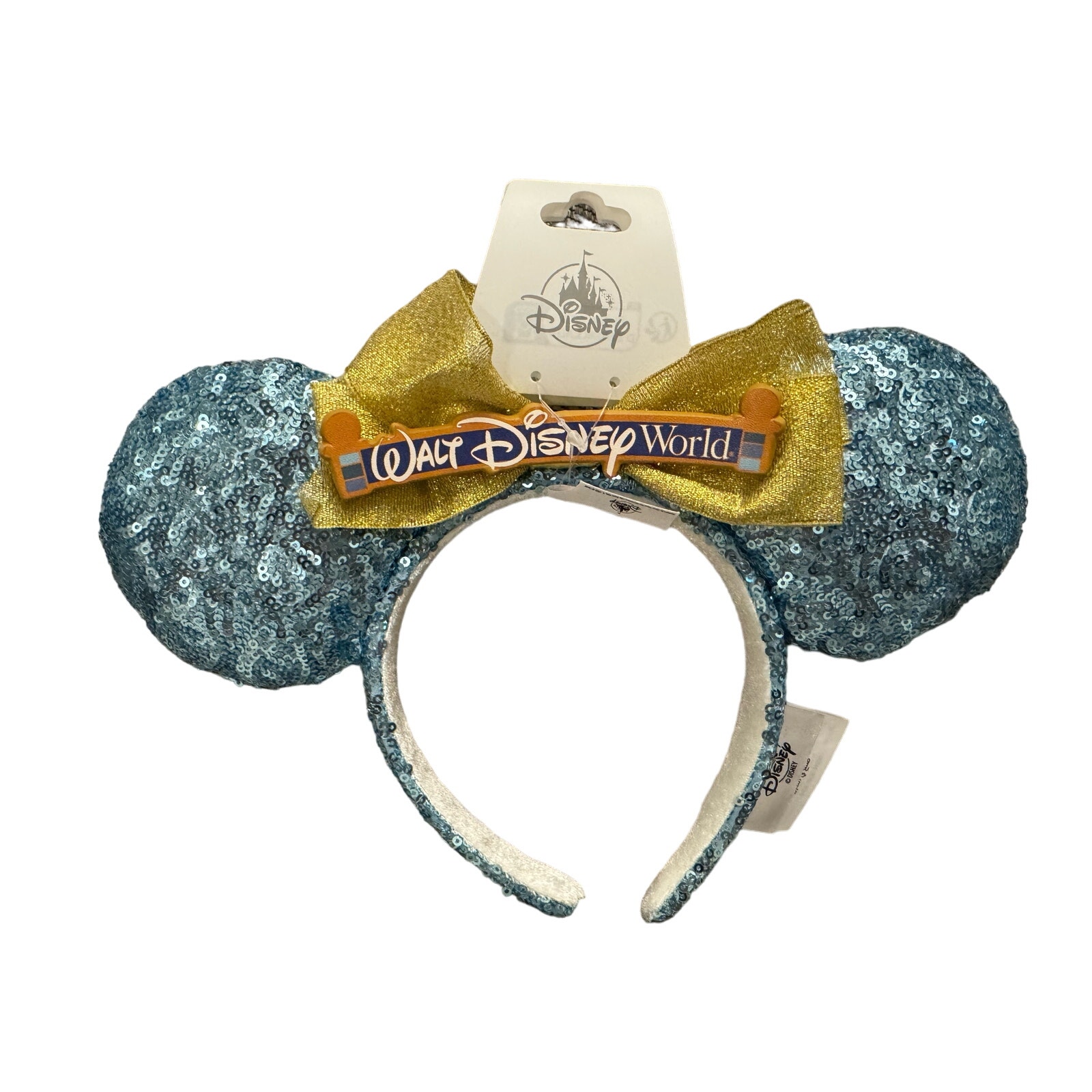Disney Parks Ears Headband Walt Disney World 2024 Blue Sequins Gold Bow New