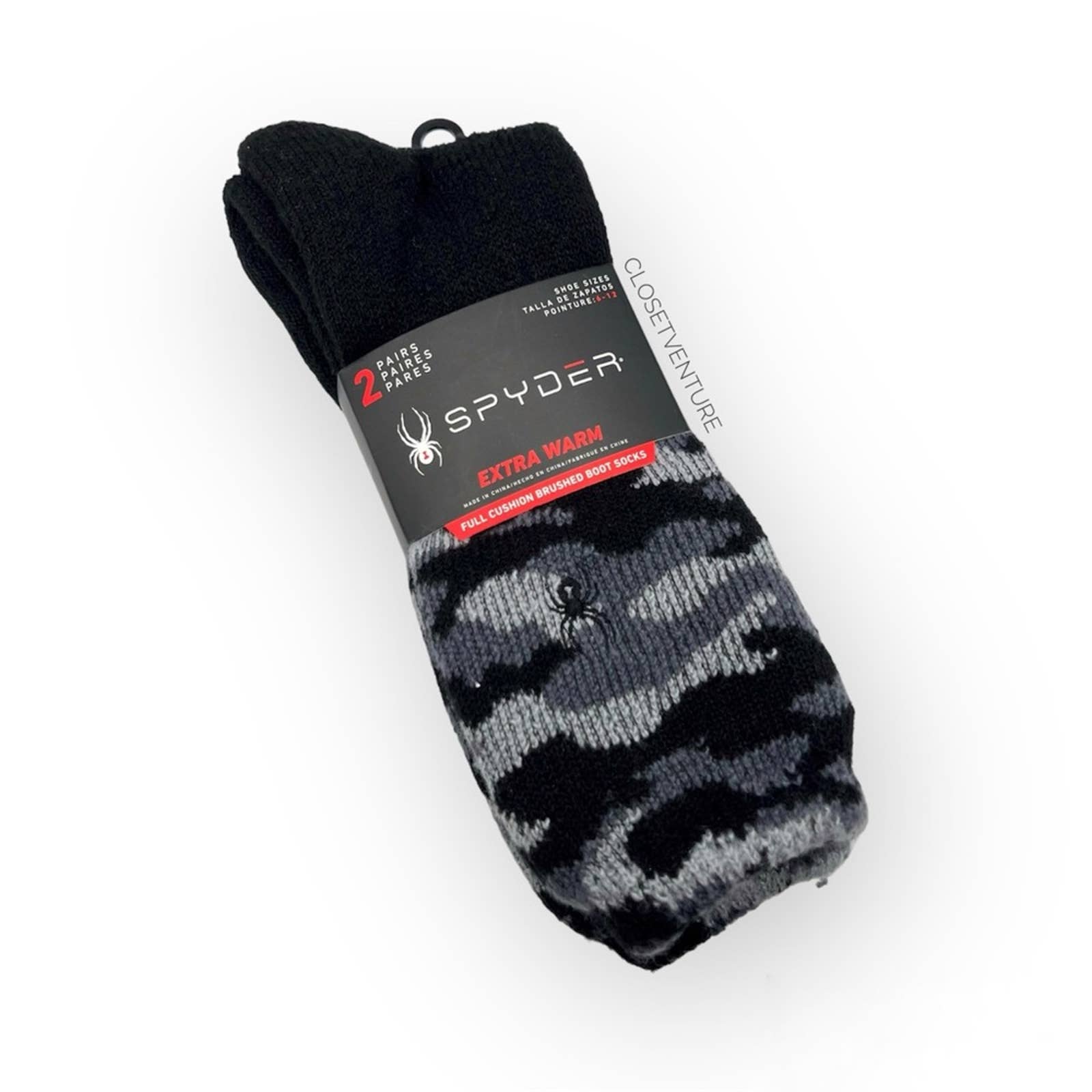 Spyder Extra Warm Grey Black Camo Full Cushioned Brushed Boot Socks Men’s 6-12