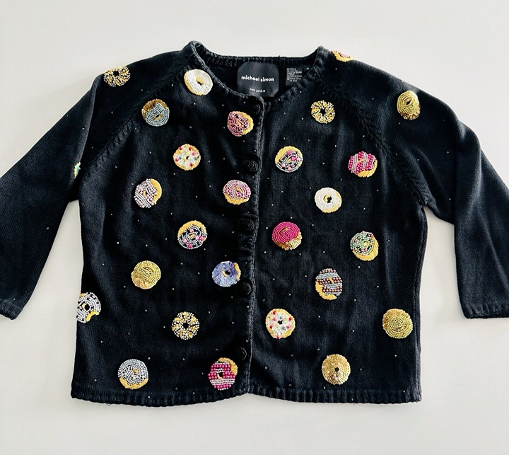 Michael Simon 2000 Donuts Beaded Cardigan Sweater 3/4 Sleeve Black Medium Y2K