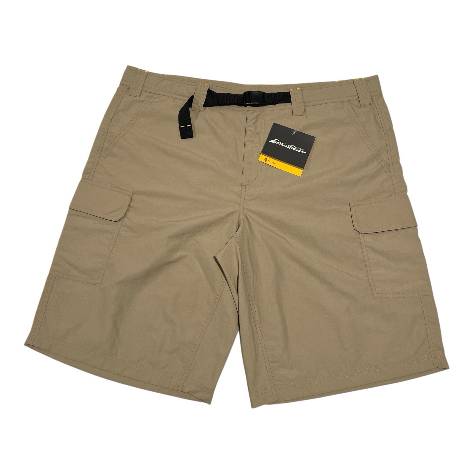 Eddie Bauer Exploration Cargo Shorts Men's 42 Khaki Tan Nylon Flat Front Belt