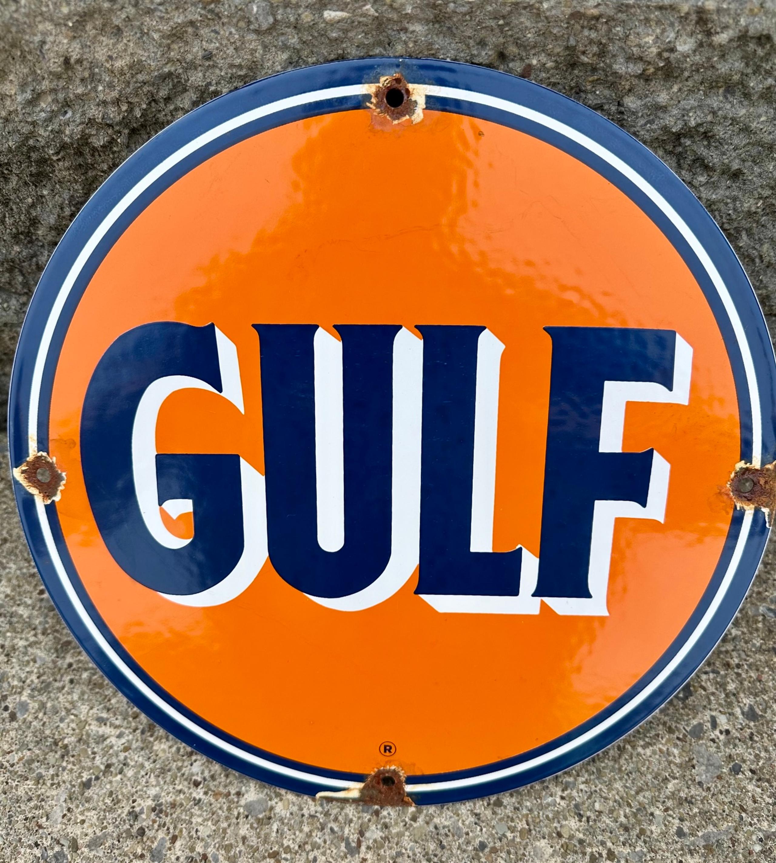 Vintage Gulf Orange Gasoline Porcelain Sign Gas Oil Pump Plate - Mobil™