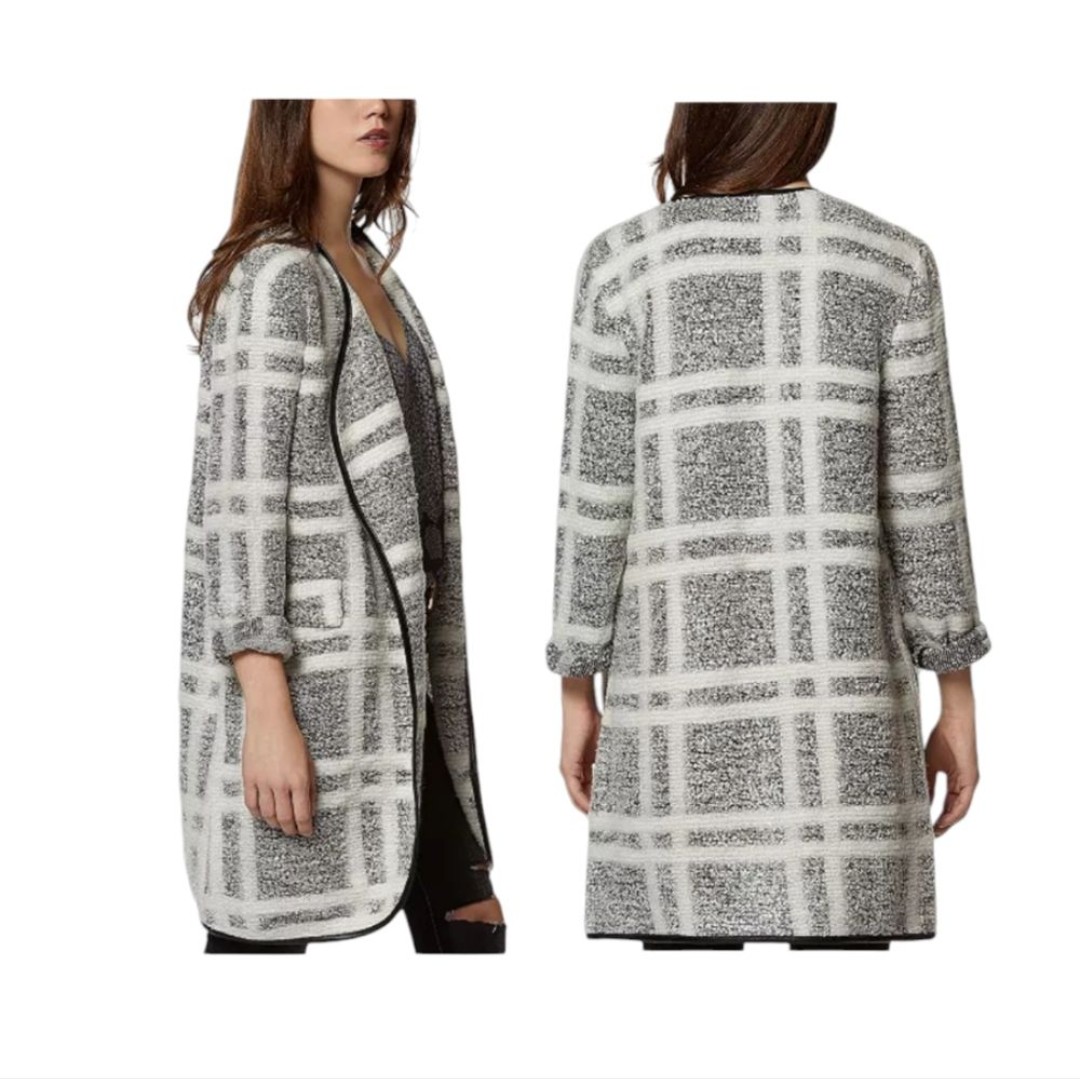 AVEC LES FILLES Wool Blend Grey White Plaid Boucle Knit Car Coat size Large