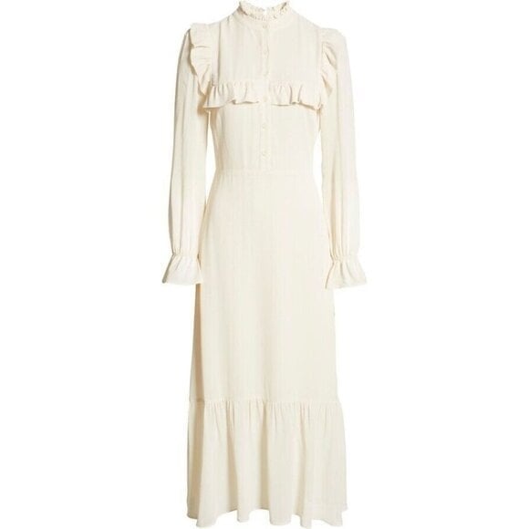 NWT Reformation Hallie in Cream Long Sleeve Ruffle Trim Midi Dress 4 278