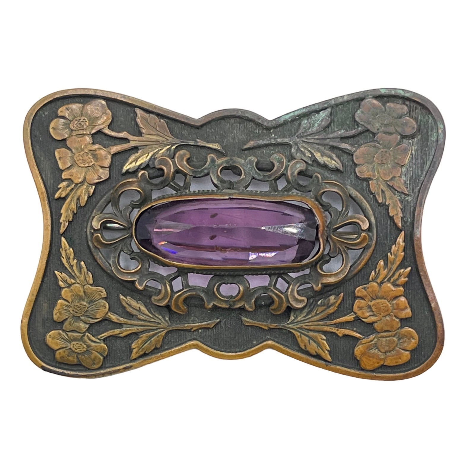 Antique Victorian Art Nouveau Flower Amethyst Glass Large Sash Brooch Pin Rare