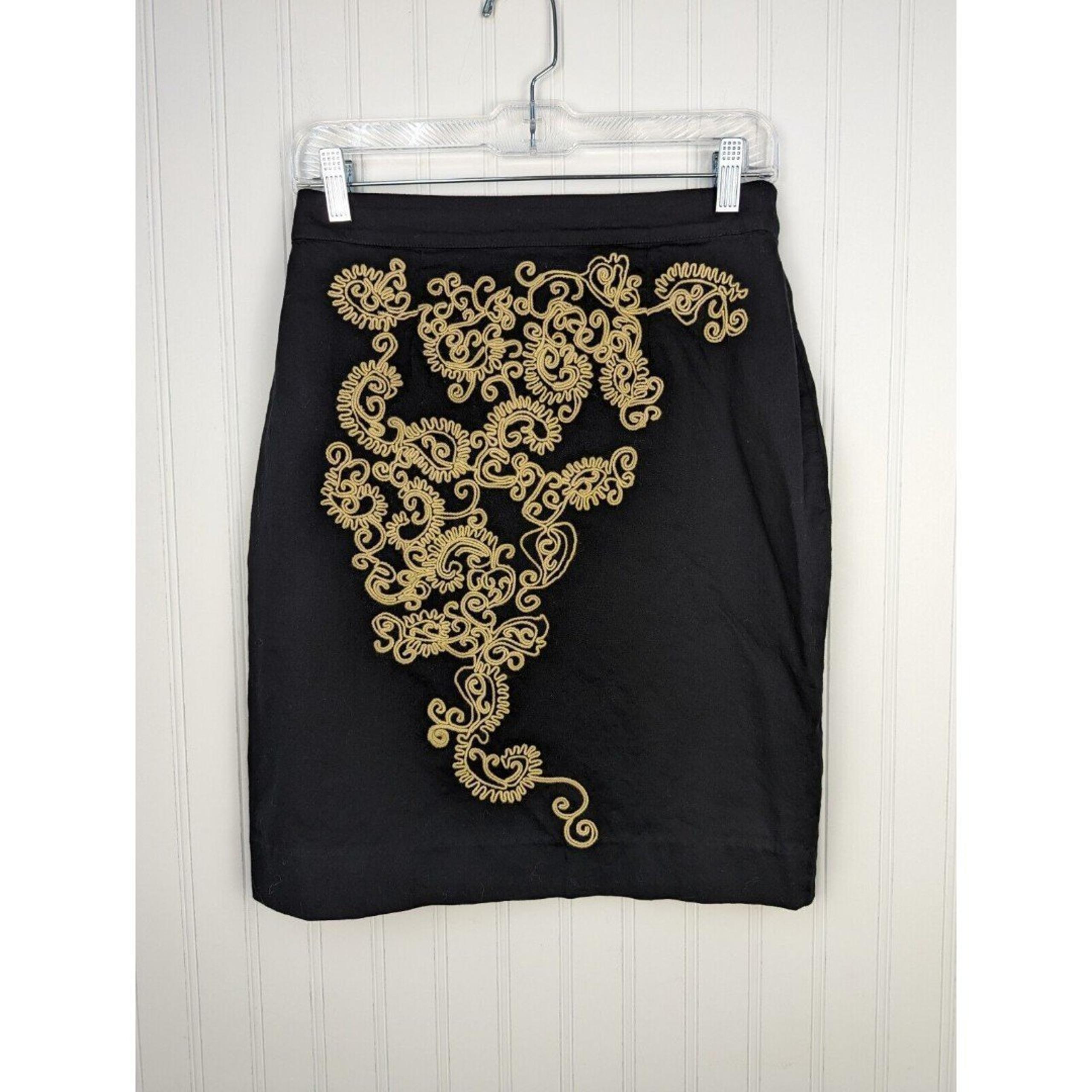 Anthropologie Floreat Pencil Skirt Black Beige Embroidered Size 4 Straight