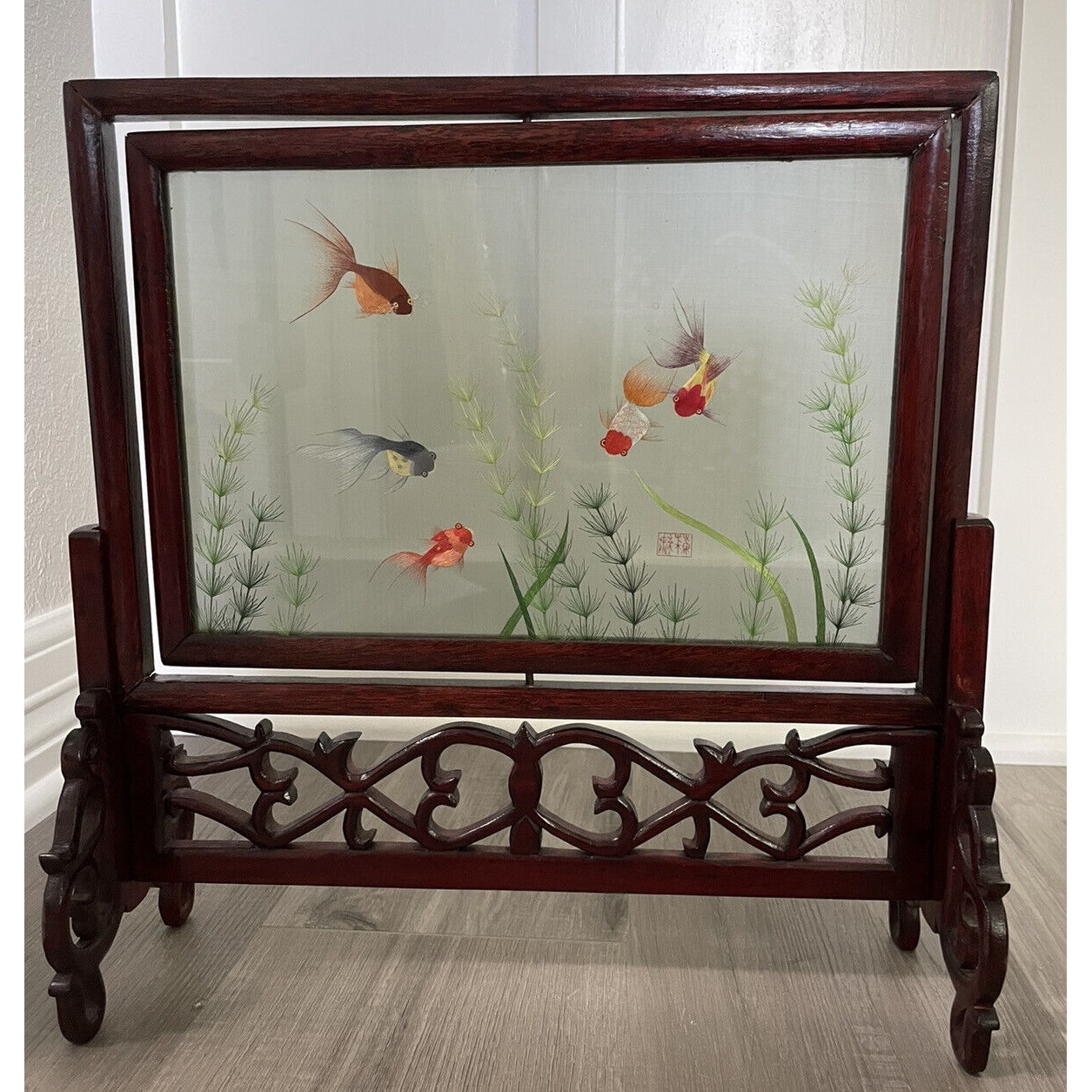 Chinese Koi Fish Table Screen Double Sided Silk Embroidery Art Carved Wood