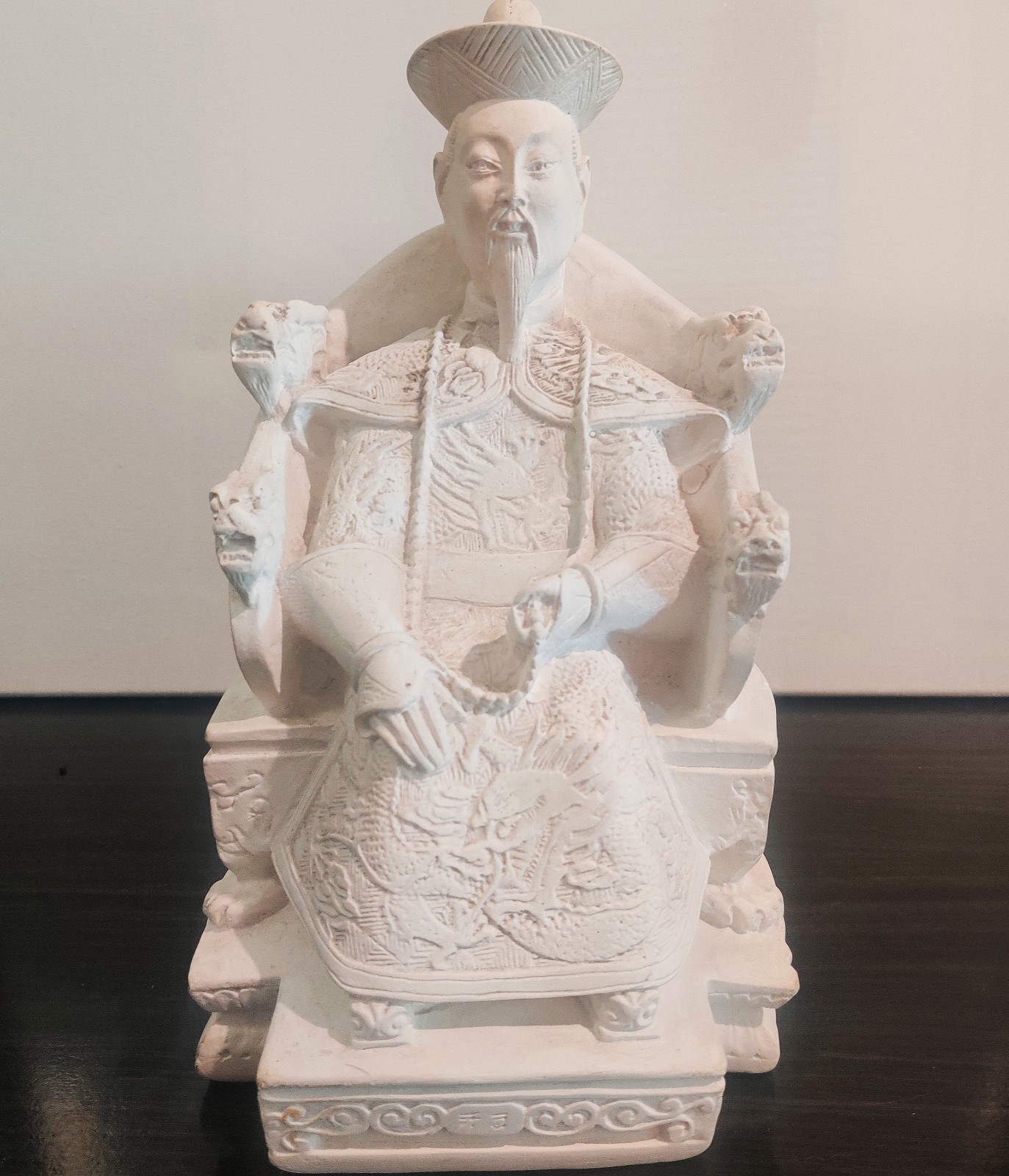 Vintage Chinese Seated Qianlong Emperor Sculpture on Dragon Throne
