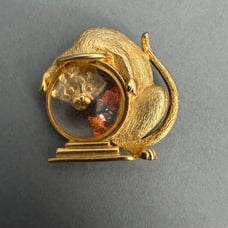 Vintage Cat Brooch JJ Jonette Gold Tone Cat with Paw in Fish Bowl Pin Brooch