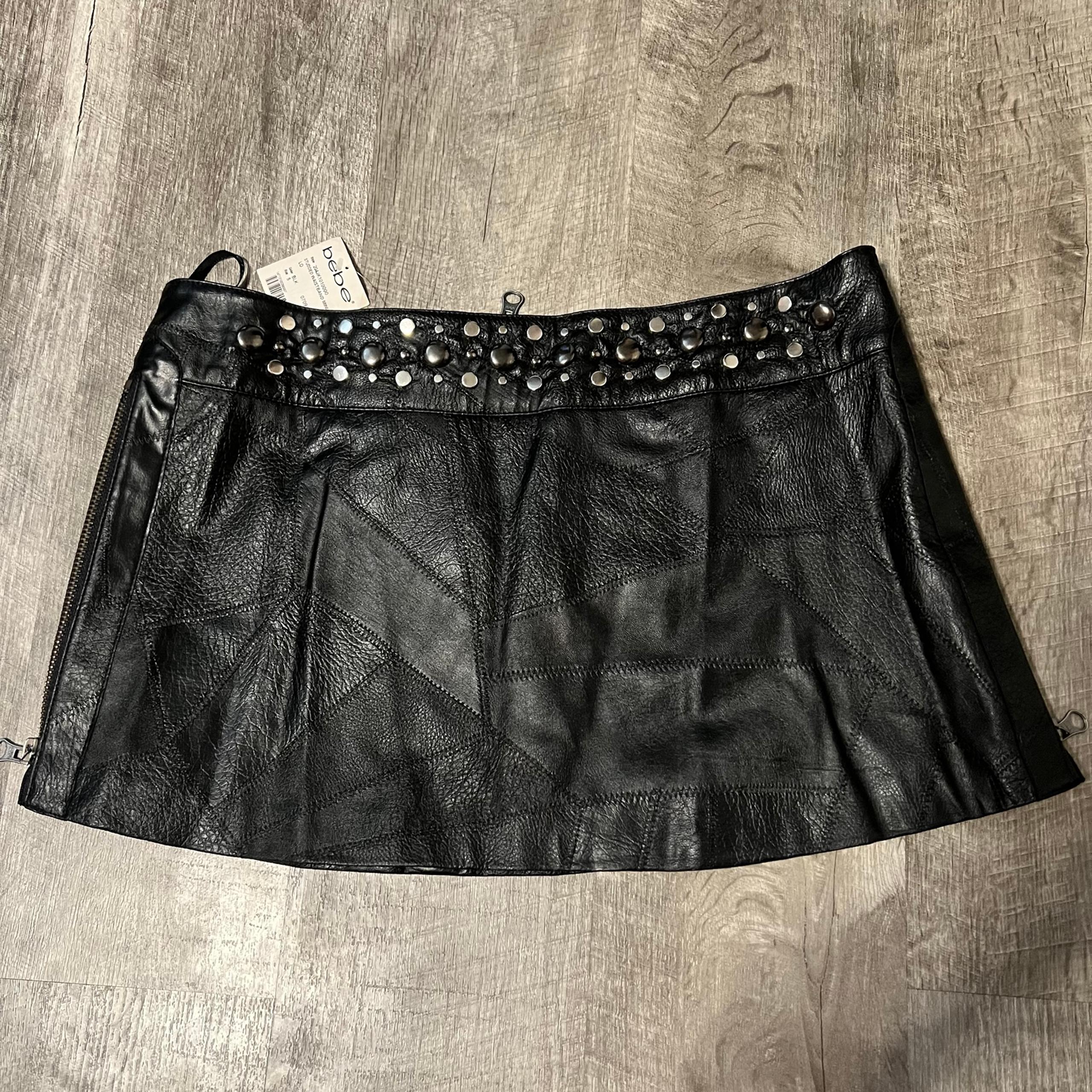 NWT bebe faux leather patchwork biker studded moto mini skirt