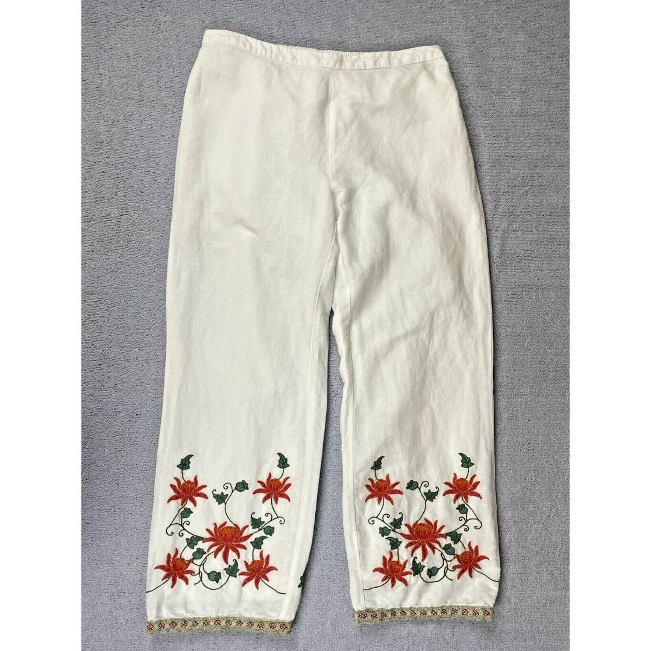 Soft Surroundings Embroidered Wide Leg Capri Pants Women's PXS White Floral