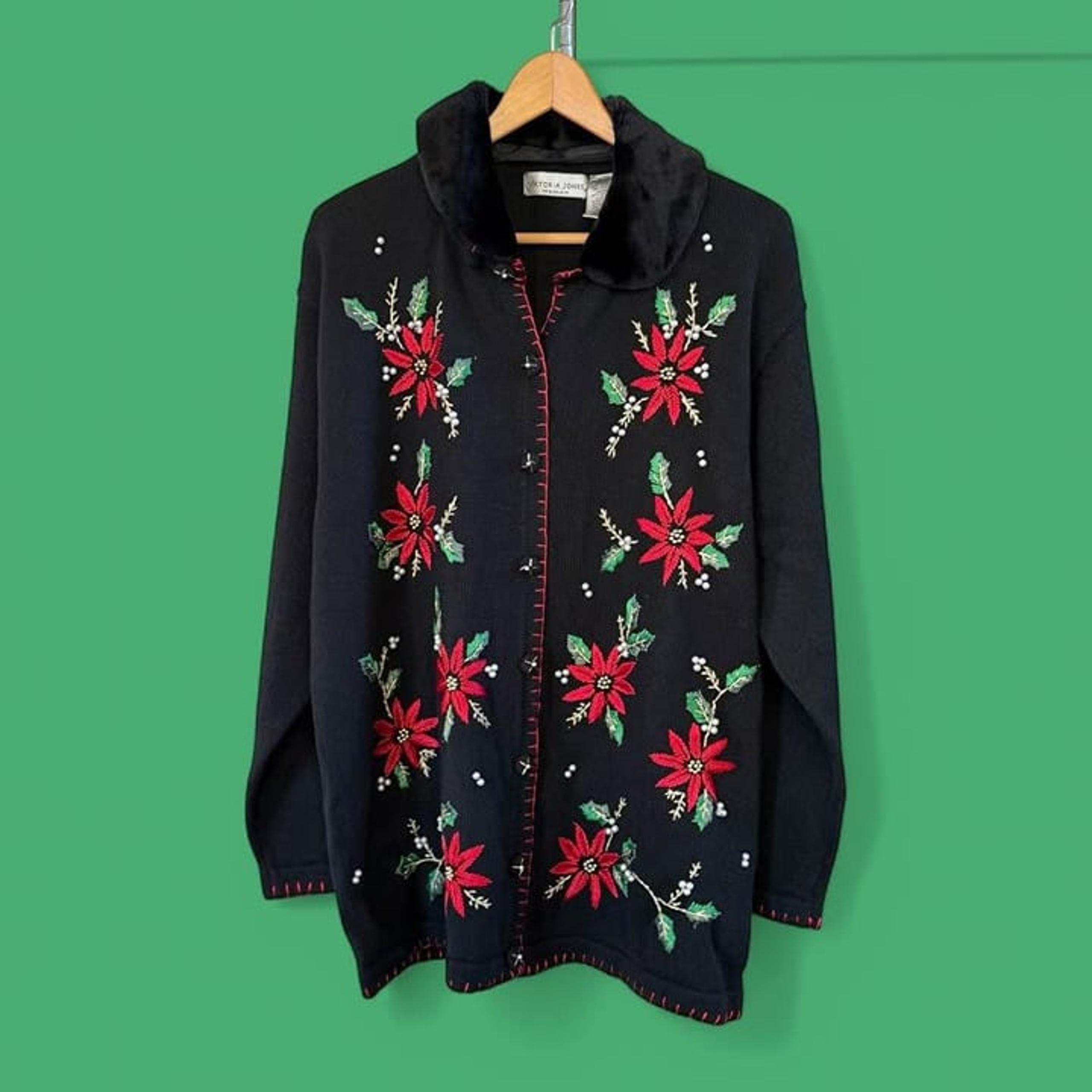 Victoria Woman’s Plus Size Black Embroidered Christmas Holiday Cardigan-Size 1X