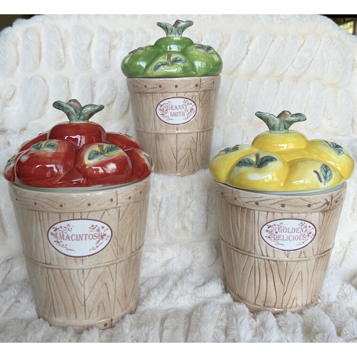 Pflatzgraff ‘delicious’ Set Of 3 Canisters Vintage 2003-10 Features Apple Lids