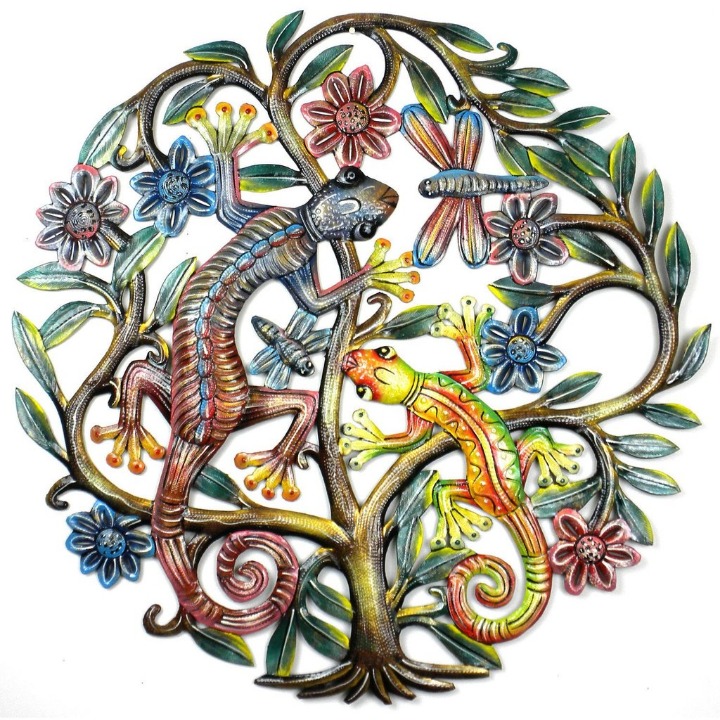 24 Inches round wall decoration Geckos tree of life recycled metal drums hand pa