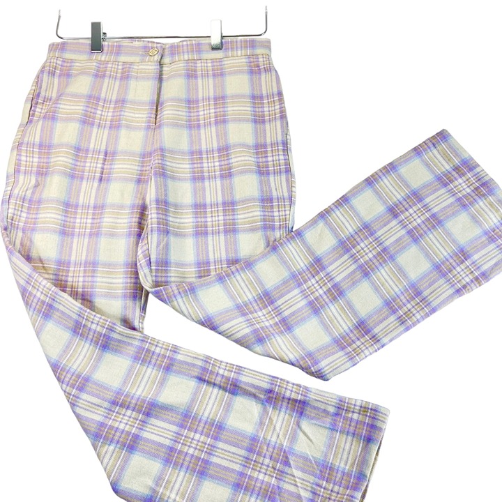 Vintage FIELDGEAR Women 14 Purple Tan Plaid Soft High-Rise Stright Pants Pockets
