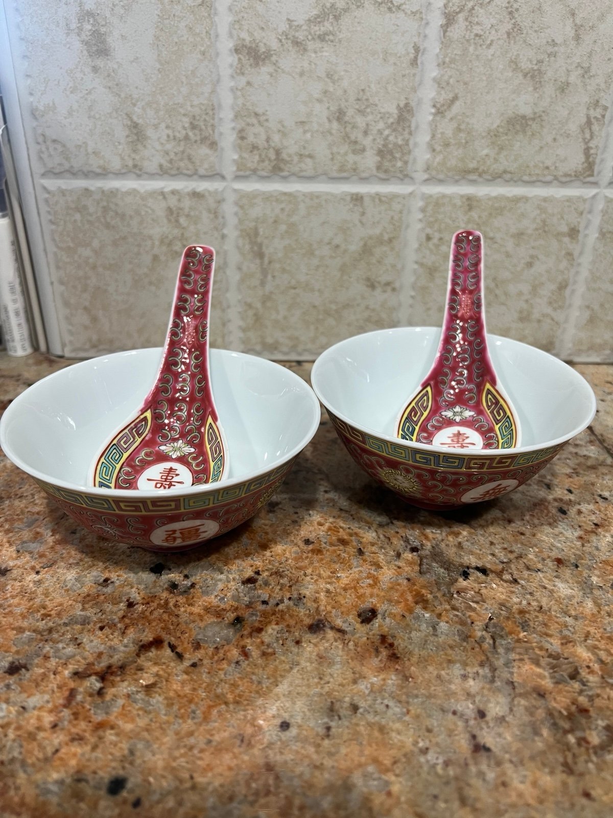 Vintage 1940s Wan Shou Wu Jiang Longevity Porcelain Handpainted Bowls/Spoons