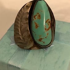 NATIVE - Large Odd Shaped Turquoise Cabochon Ring W/Large Leaf Design