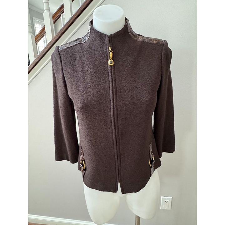 ST JOHN COLLECTION Knit Blazer Size 2 Brown Croc Details Full Zip Career Jacket