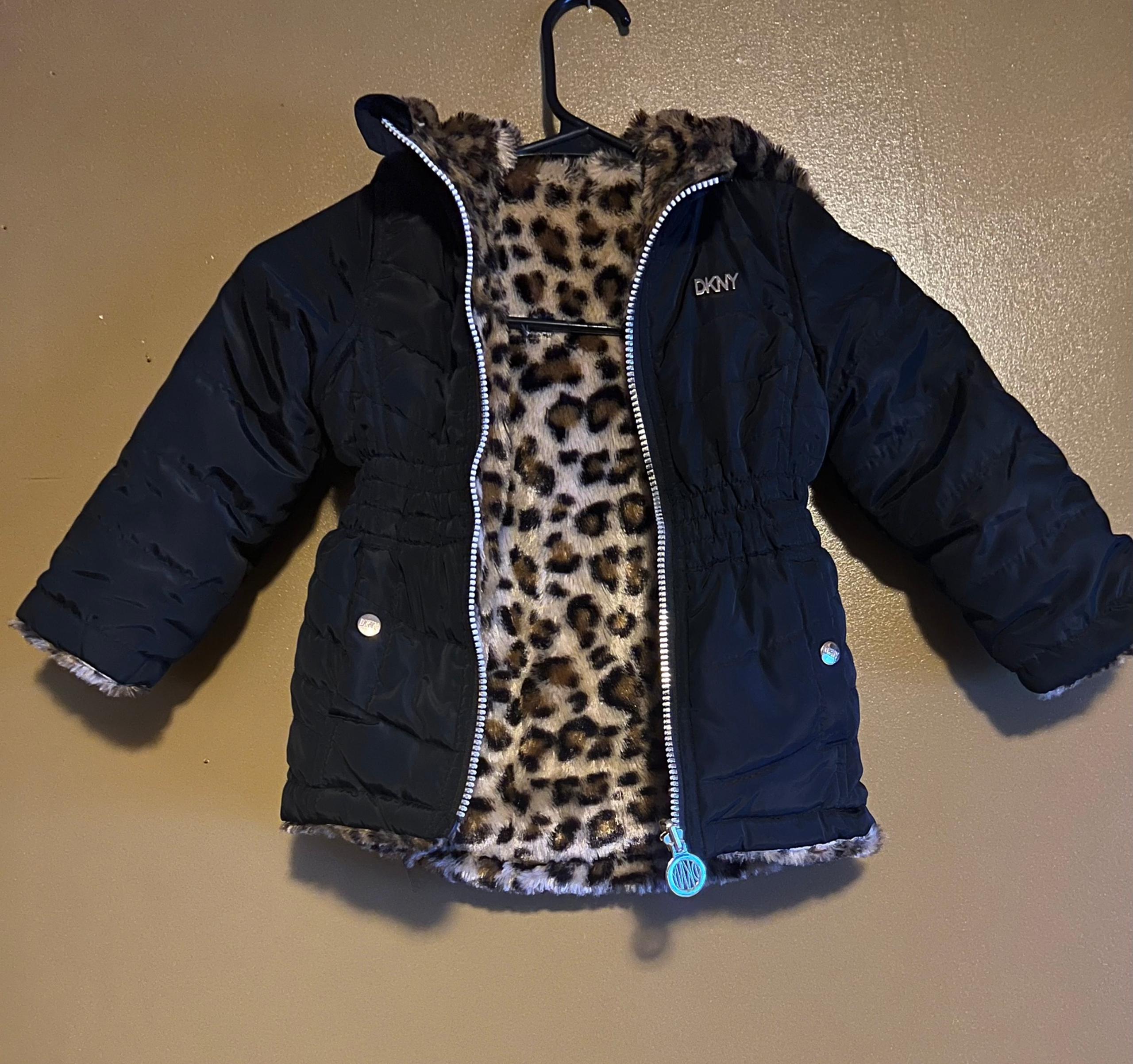 DKNY girls Reversible Black Leopard Faux Fur Full Zip Hooded Jacket, 2T, 24 mos